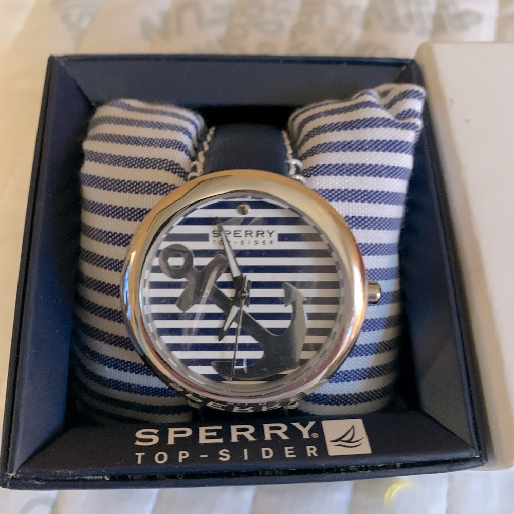 Sperry Womens Watch. Anchor design. Navy blue leather strap. NWT and boxed.